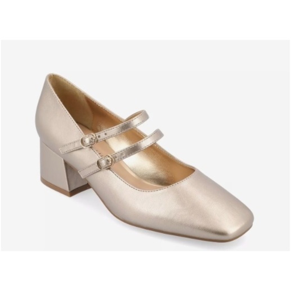 Journee Collection Nally Gold Metallic Double Strap Mary Jane Block Heel Pump 9M
